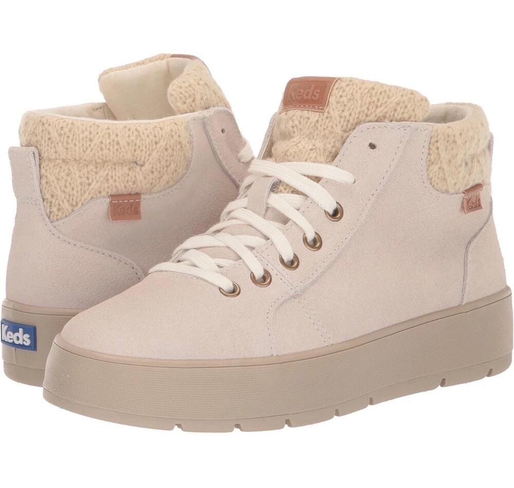 Keds Tahoe Ankle Boot Womens 5.5 Cream Suede Knit Collar Platform Sneaker